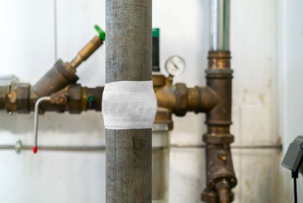 A white repair bandage is wrapped securely around a vertical metal pipe in an indoor plumbing system.