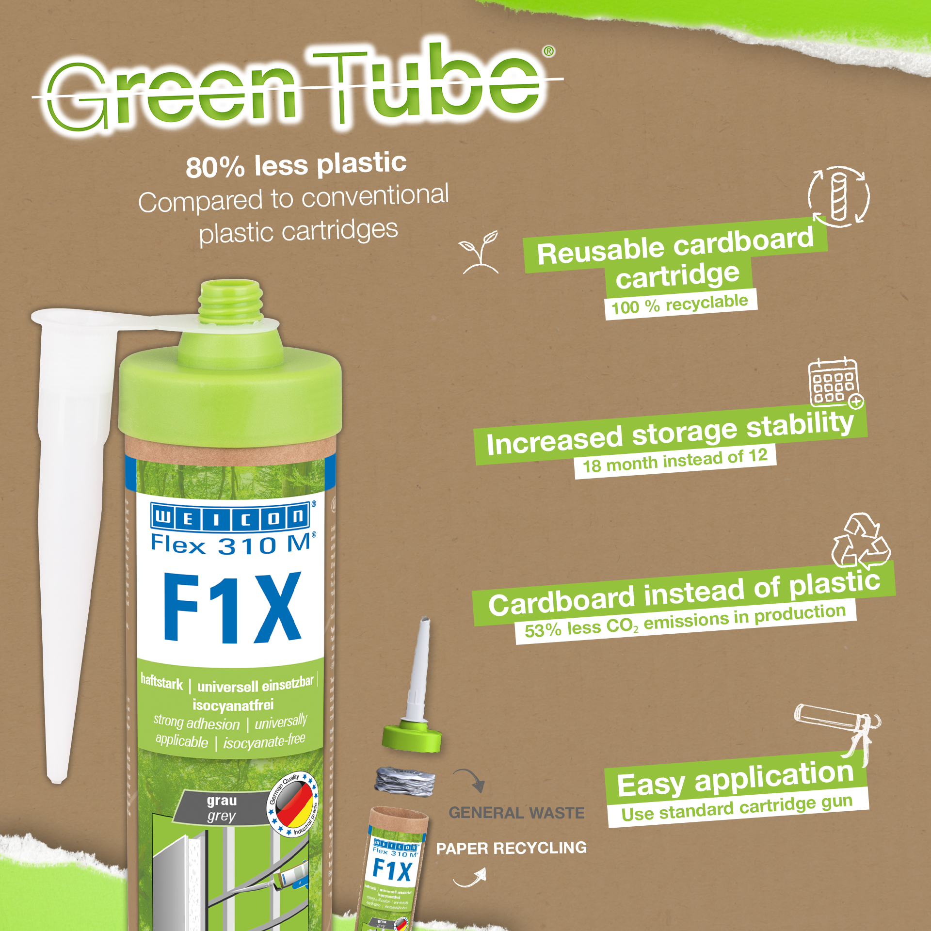 WEICON Green Tube Flex 310 M F1X | MS polymer-based adhesive and sealant with very high initial adhesion, temperature-resistant up to 180°C